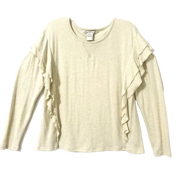 Tops - American Rag Cie Sweater Women Large Oatmeal Round Neck Ruffle Casual Boho Comfy